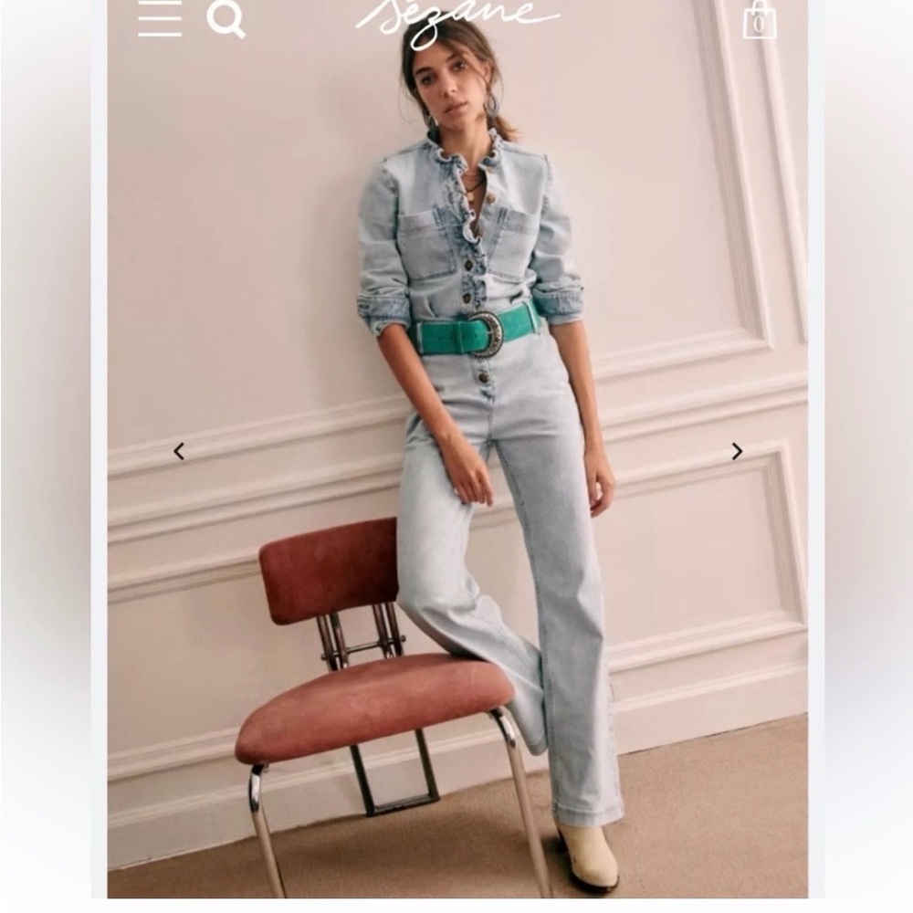 Sezane Miley Organic Cotton Denim Jumpsuit XS 2P Petite 34 Paris